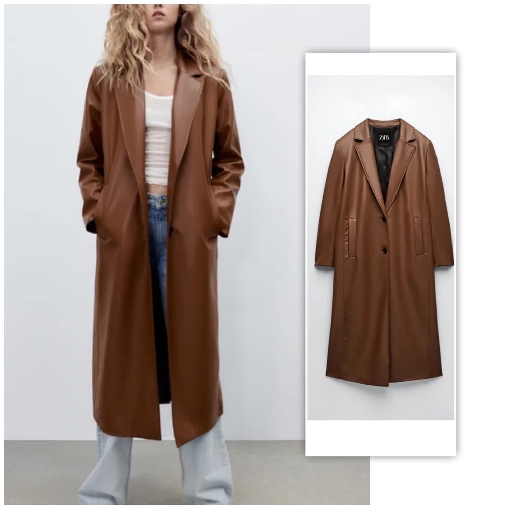 Zara | Jackets & Coats | Zara Brown Long Length Faux Leather